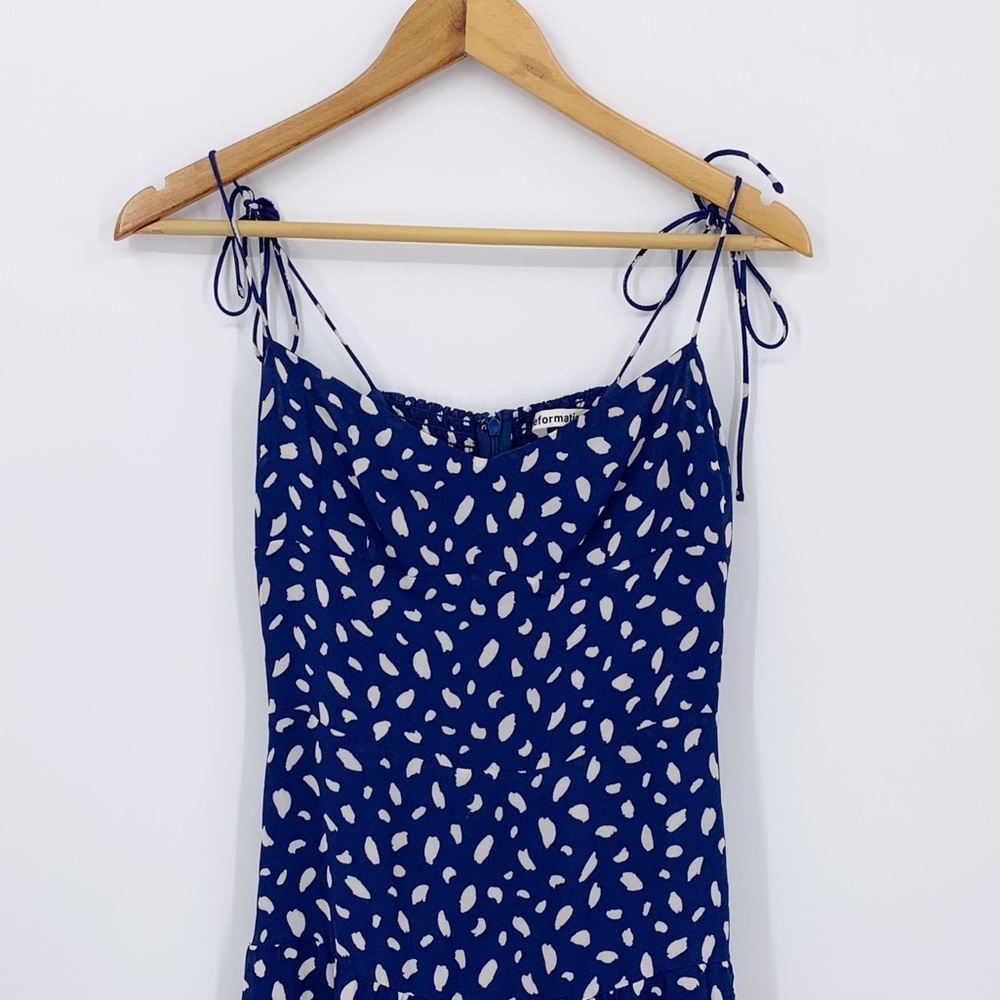 REFORMATION BLUE SPECKLED SPOTTED REFORMATION THE OTHELLO MINI DRESS Moray Print - Picture 5 of 12